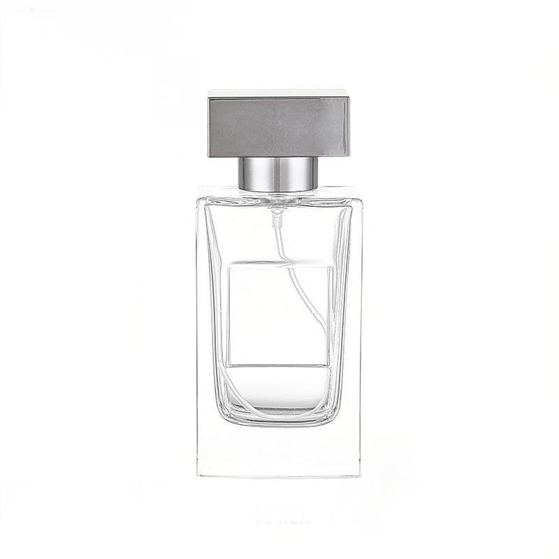 50ml Rectangular Glass Perfume Bottle | Metallic Silver Square Cap