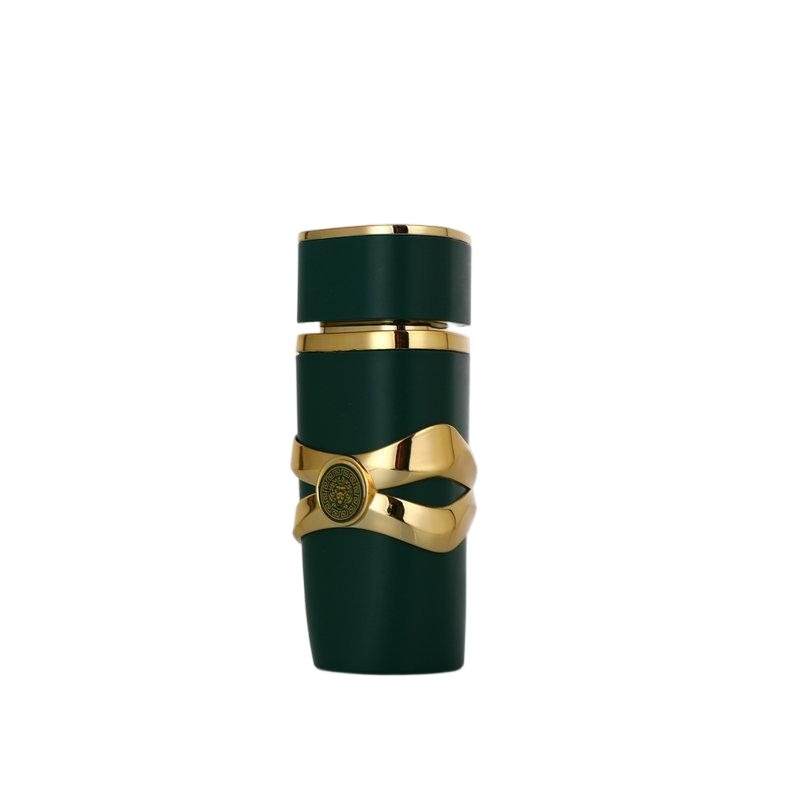 90ml Matte Green Cylindrical Perfume Bottle with Ornate Gold Waistband