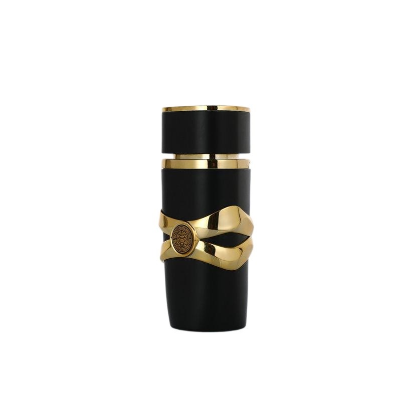 90ml Matte Black Cylindrical Perfume Bottle with Ornate Gold Accents